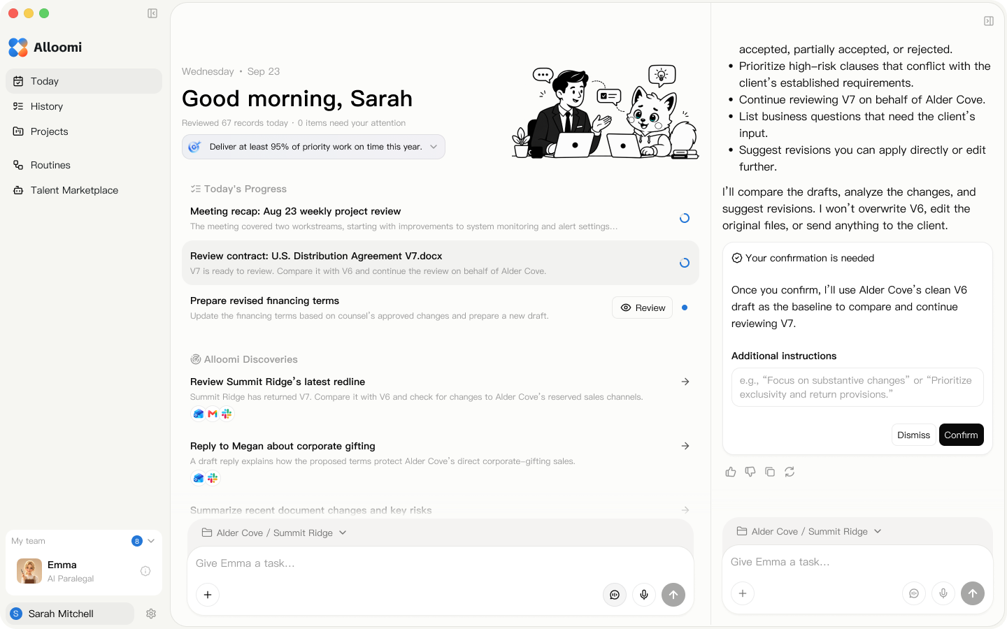 Alloomi workspace showing Sarah’s daily progress, discoveries, and contract review confirmation